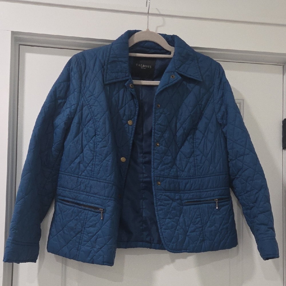 Talbots Women's Teal Quilted Casual Barn Jacket Button Down Pockets Large Petite